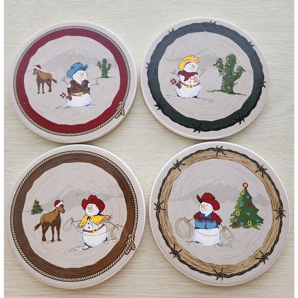 Coasters-Stoneware-Cowboy Theme-Snowman-Cork Backing-Set of 4 - Picture 1 of 8
